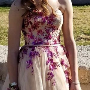 Precious Formals Nude/Fuchsia Full Length Dress
